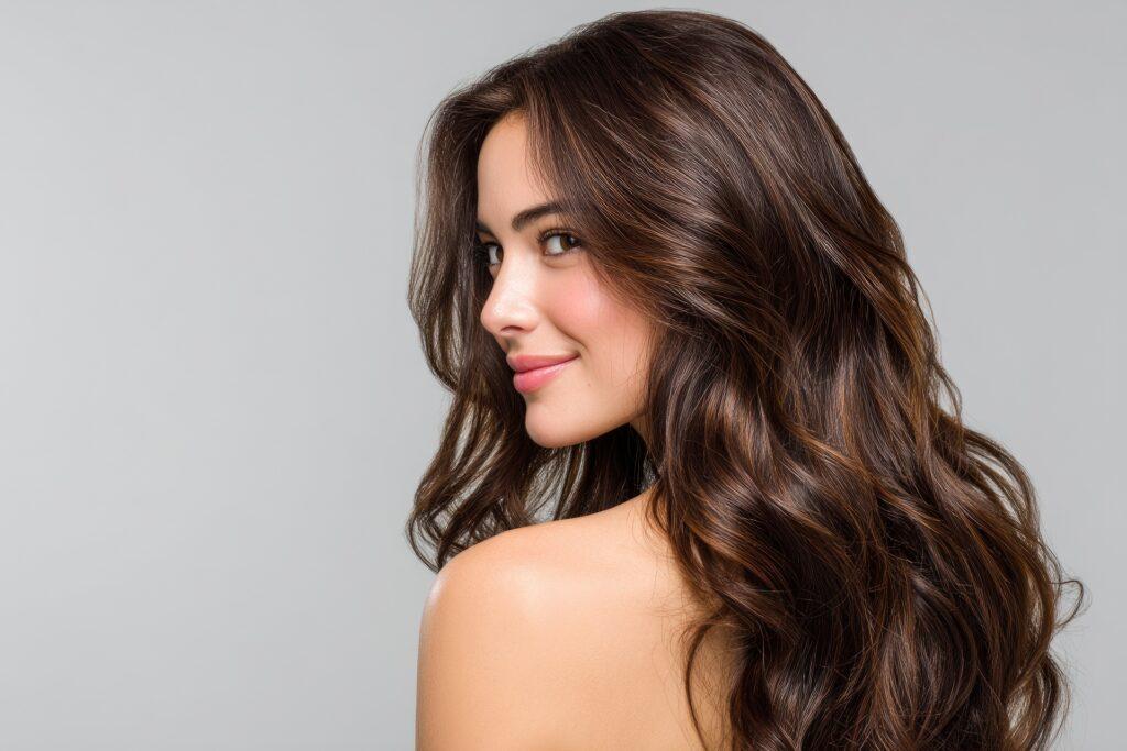Frau mit voluminösen Wellen im Profil | Hair Extensions